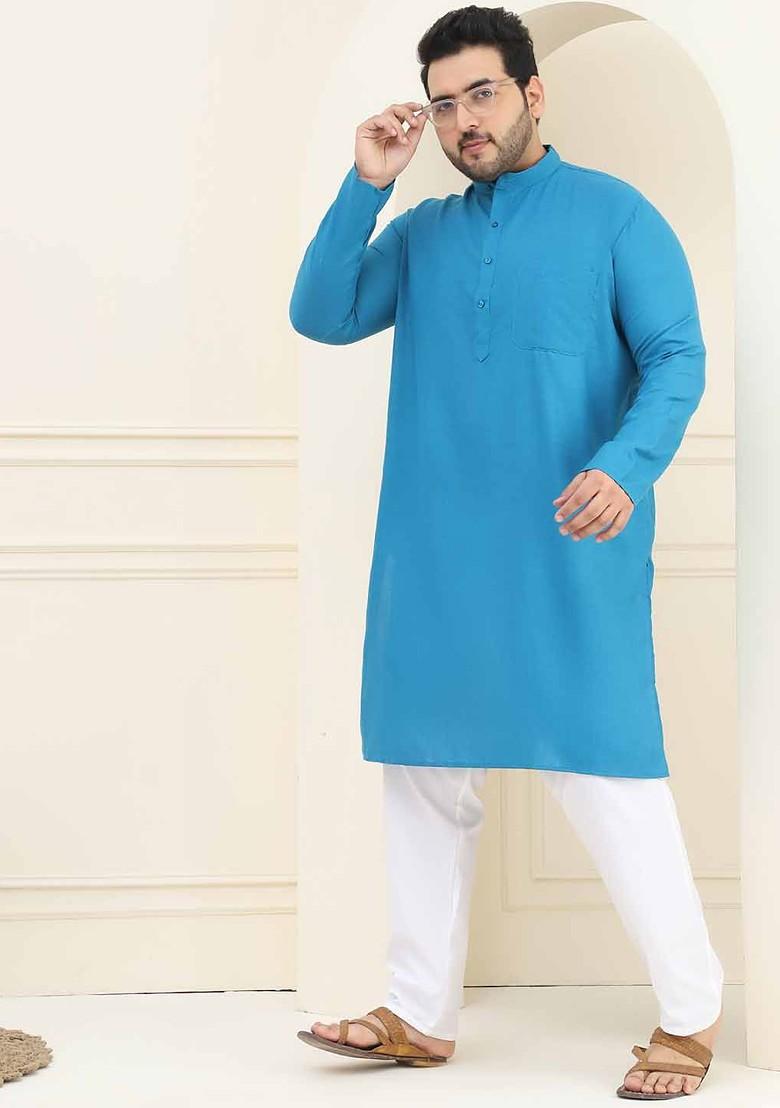 Blue Solid Cotton Kurta For Men