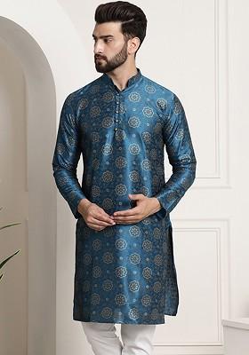Teal Blue Ethnic Motifs Poly Blend Kurta For Men