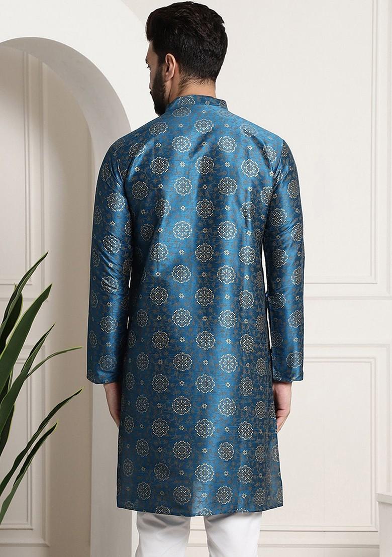 Teal Blue Ethnic Motifs Poly Blend Kurta For Men