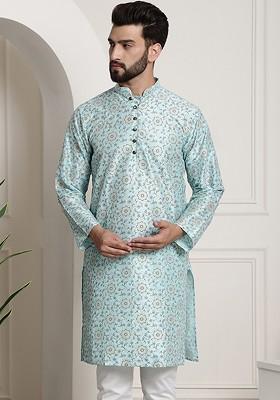 Blue Ethnic Motifs Poly Blend Kurta For Men