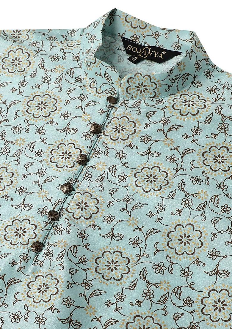 Blue Ethnic Motifs Poly Blend Kurta For Men