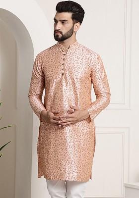 Peach Ethnic Motifs Poly Blend Kurta For Men