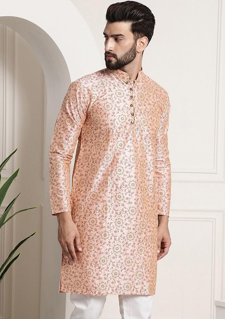 Peach Ethnic Motifs Poly Blend Kurta For Men