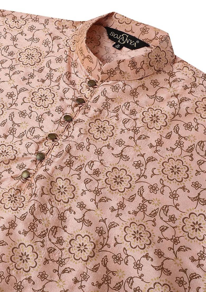 Peach Ethnic Motifs Poly Blend Kurta For Men