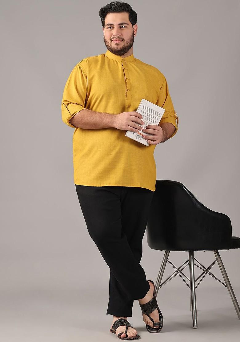 Mustard Solid Cotton Kurta For Men