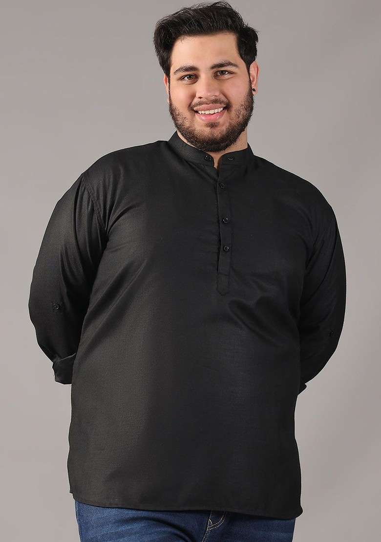 Black Solid Cotton Kurta For Men - Indya