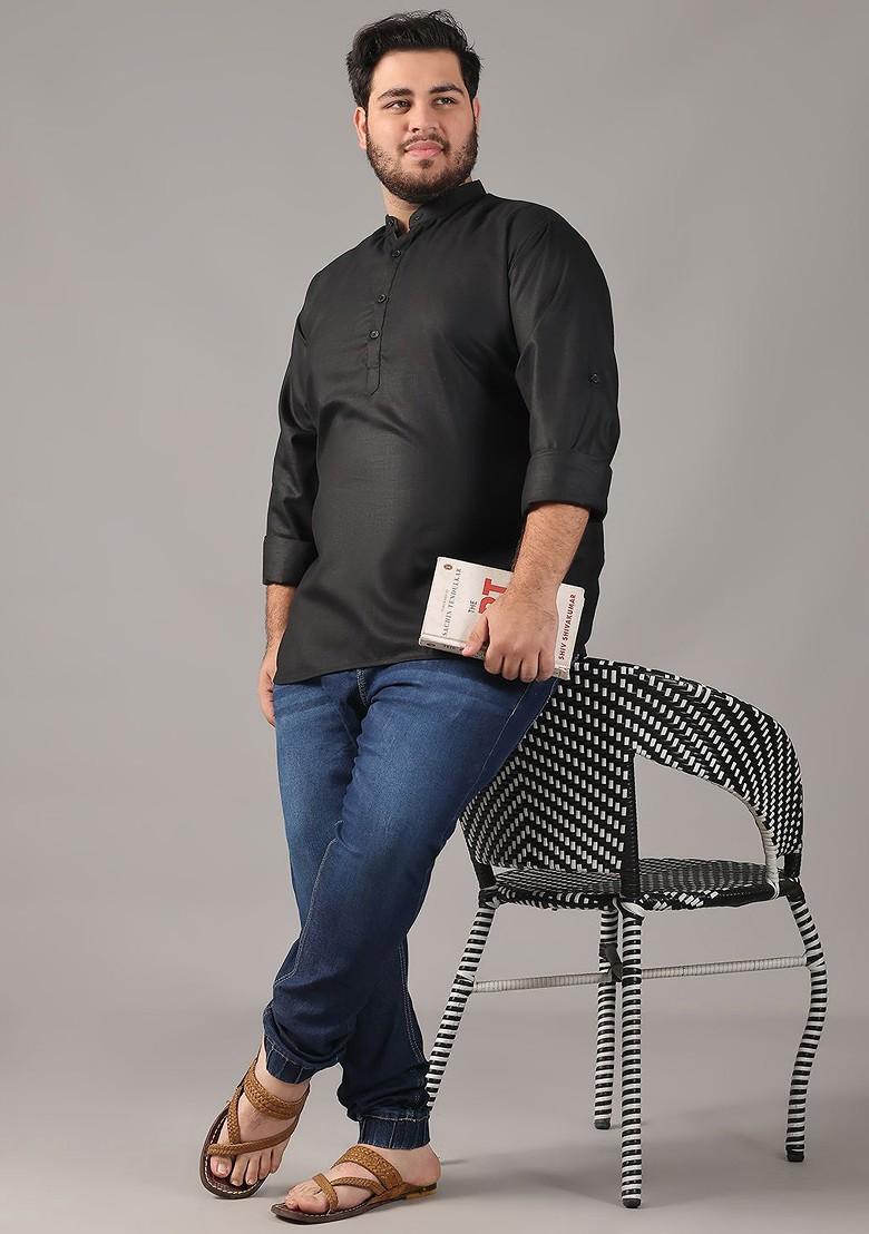 Black Solid Cotton Kurta For Men