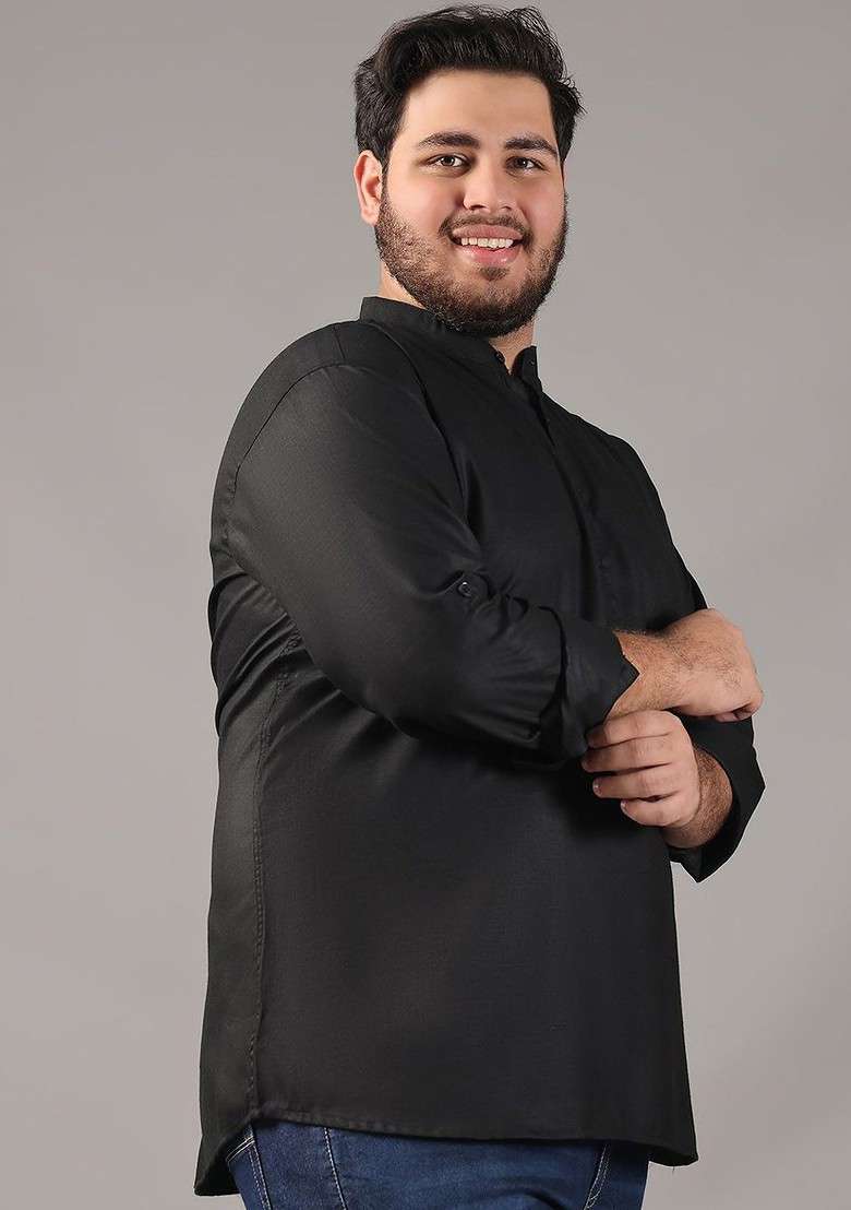 Black Solid Cotton Kurta For Men - Indya