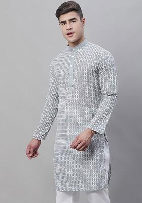 Grey Thread Work Cotton Kurta For Men