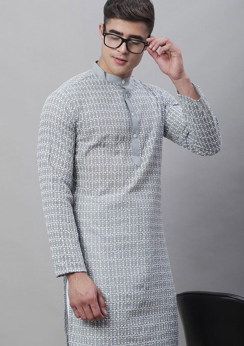 Grey Thread Work Cotton Kurta For Men