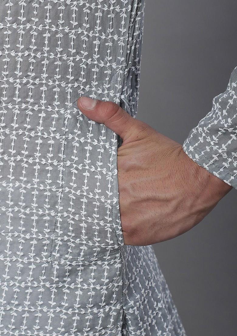 Grey Thread Work Cotton Kurta For Men
