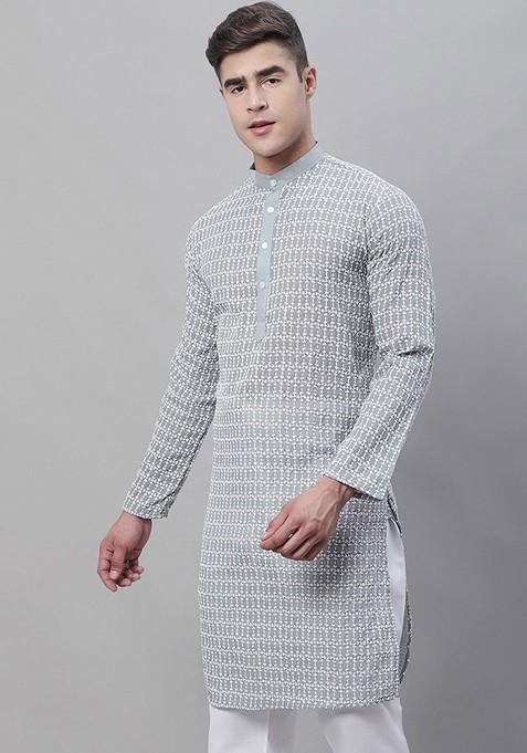 Grey Thread Work Cotton Kurta For Men
