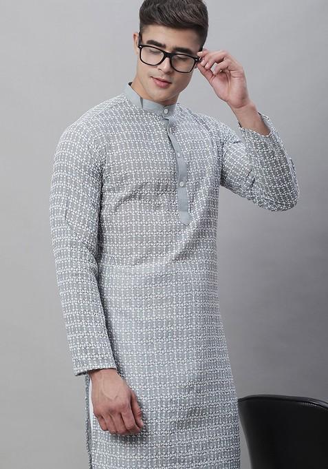 Grey Thread Work Cotton Kurta For Men