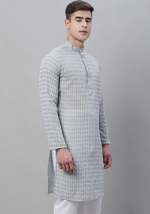 Grey Thread Work Cotton Kurta For Men