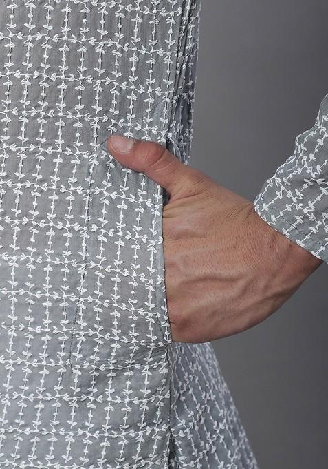 Grey Thread Work Cotton Kurta For Men