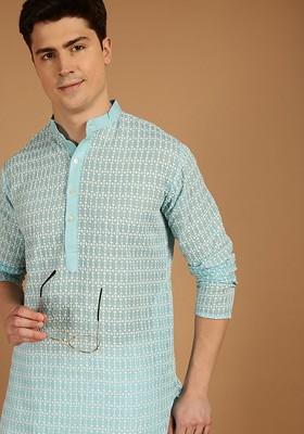 Blue Thread Work Cotton Kurta For Men