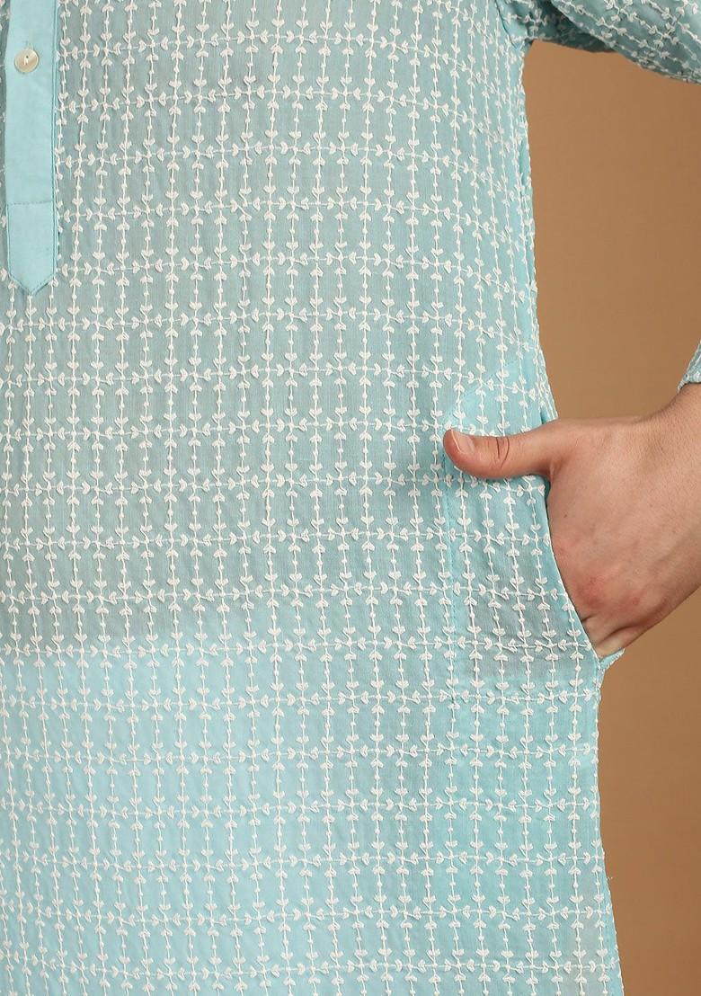 Blue Thread Work Cotton Kurta For Men