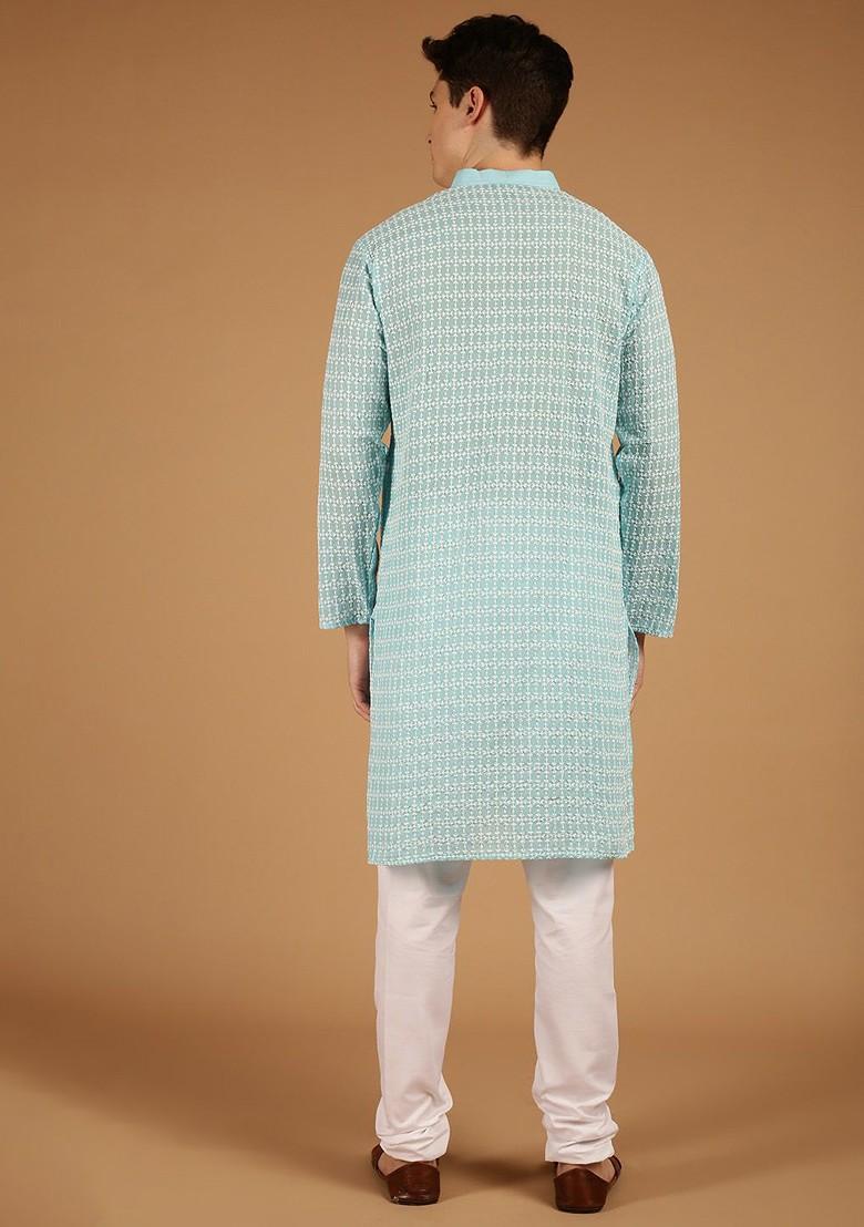 Blue Thread Work Cotton Kurta For Men