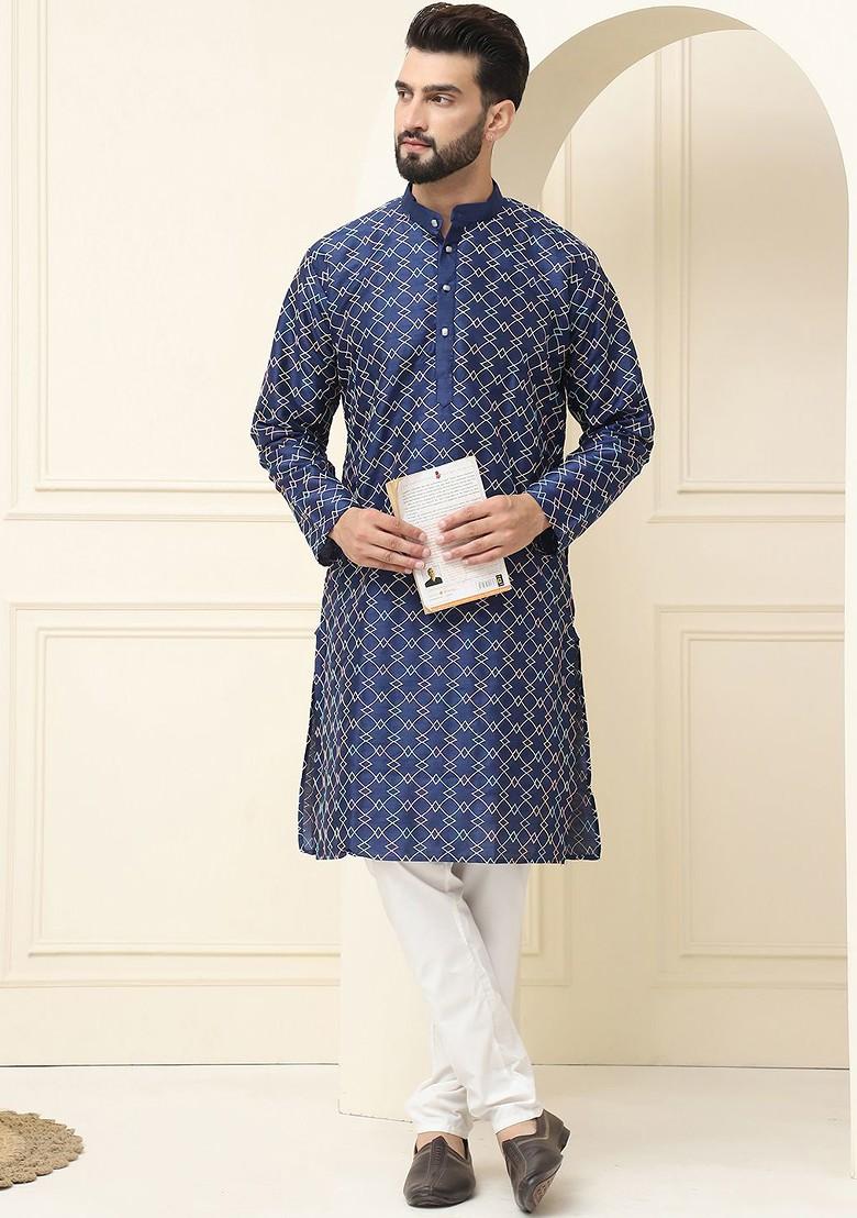 Navy Blue Embroidered Poly Blend Kurta For Men