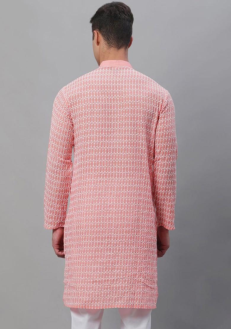 Peach Embroidered Cotton Kurta For Men