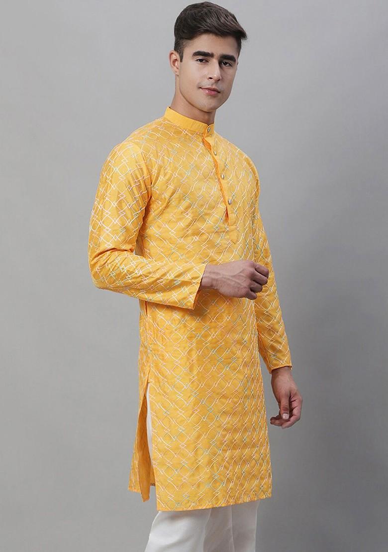 Mustard Thread Work Poly Blend Kurta For Men