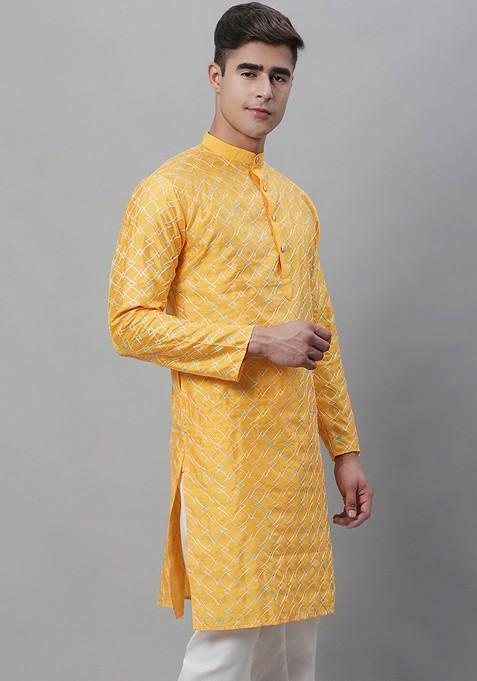 Mustard Thread Work Poly Blend Kurta For Men — view on Indya
