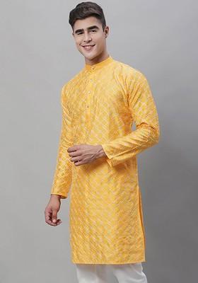 Mustard Thread Work Cotton Kurta For Men