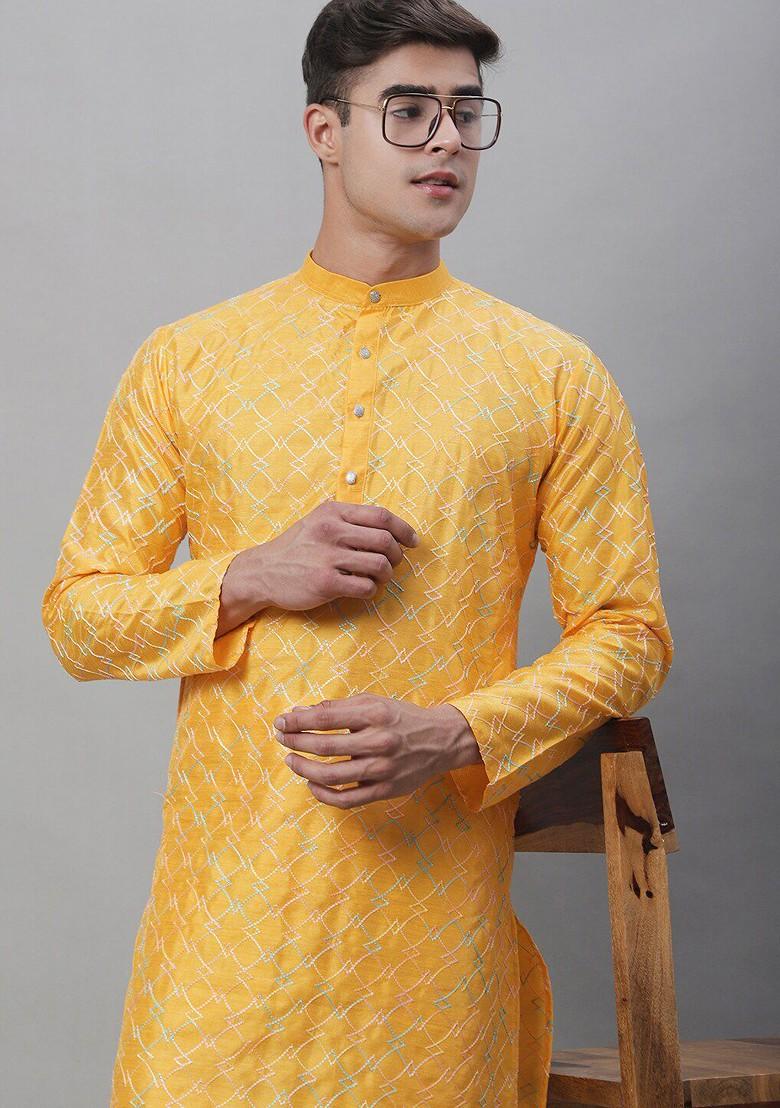 Mustard Thread Work Cotton Kurta For Men