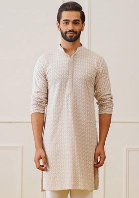 Beige Embroidered Poly Blend Kurta For Men