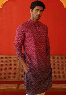 Purple Printed Poly Blend Kurta For Men