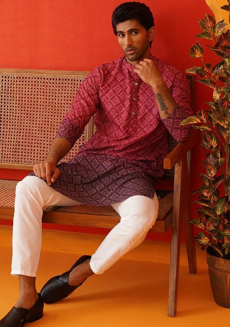 Purple Printed Poly Blend Kurta For Men
