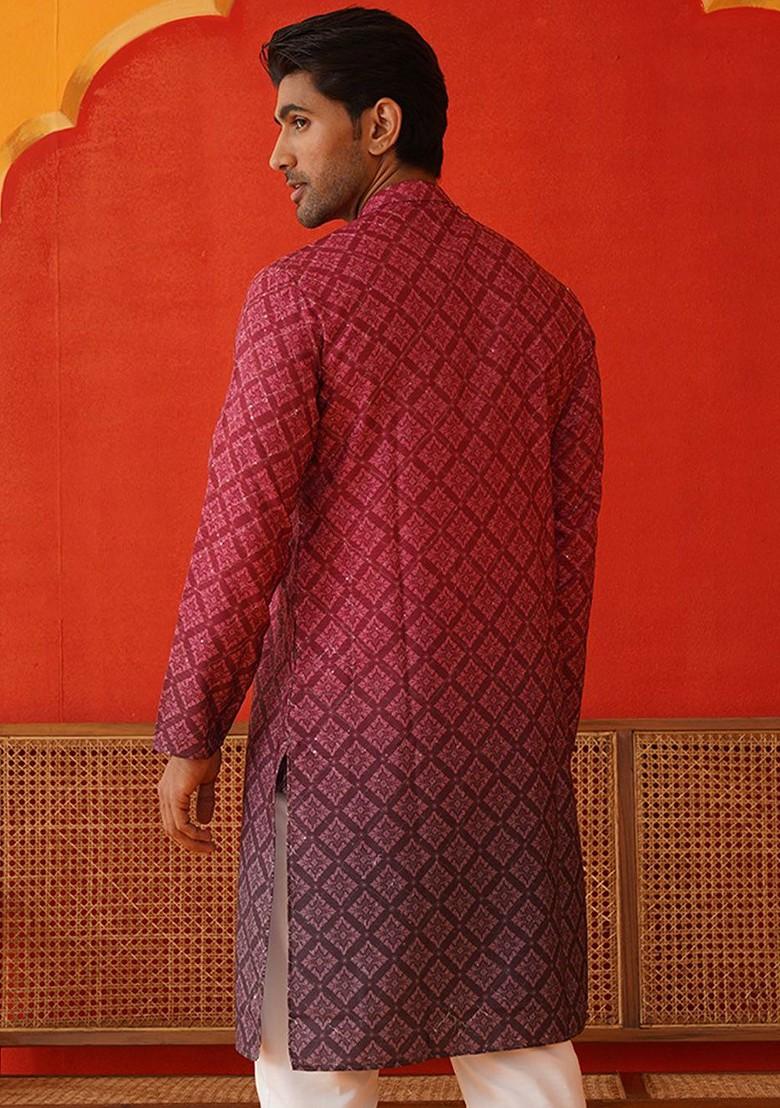 Purple Printed Poly Blend Kurta For Men