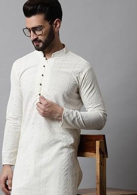 Cream Embroidered Poly Blend Kurta For Men