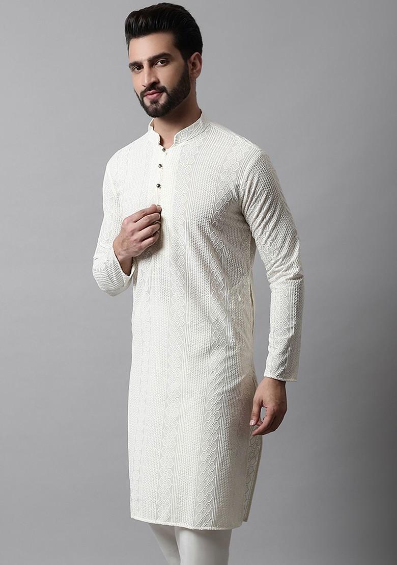 Cream Embroidered Poly Blend Kurta For Men