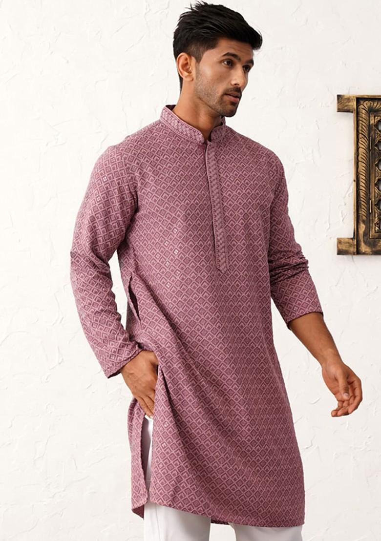 Magenta Embroidered Poly Blend Kurta For Men