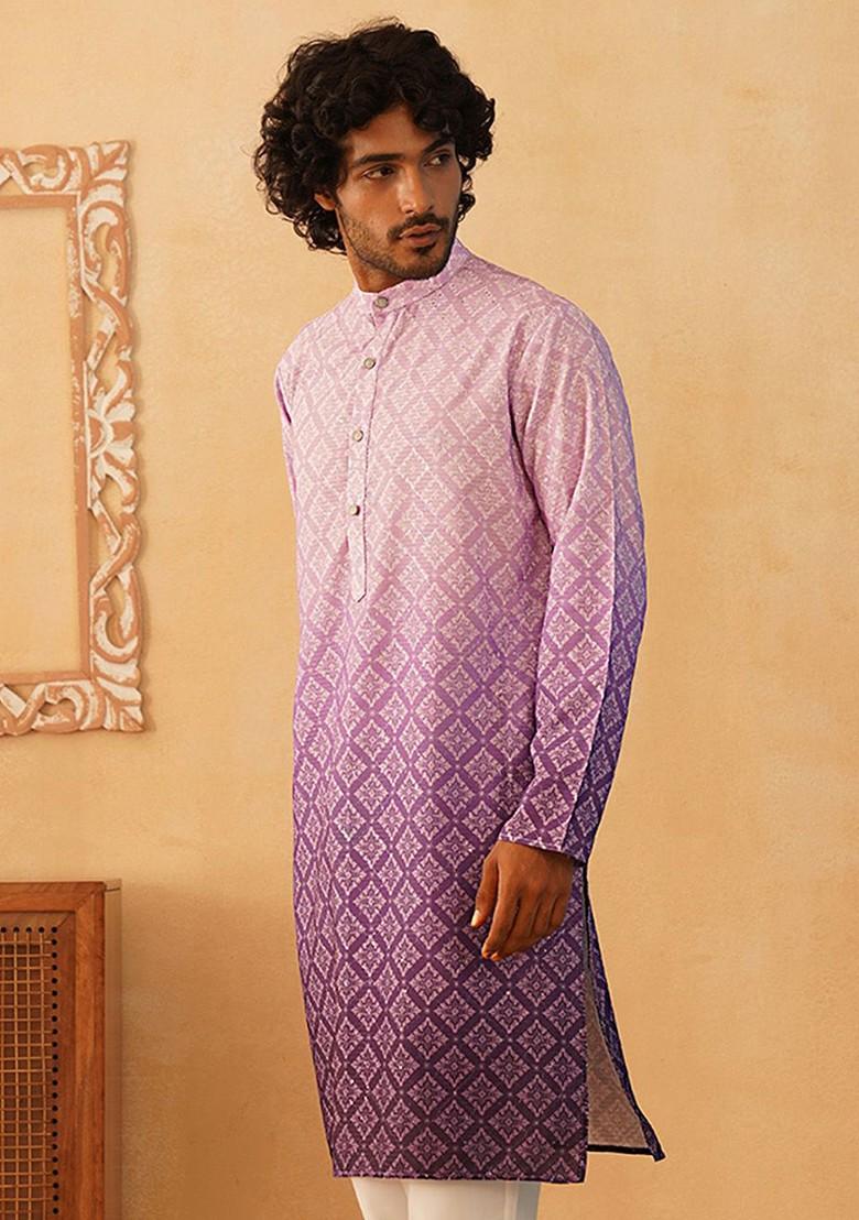 Purple Printed Poly Blend Kurta For Men