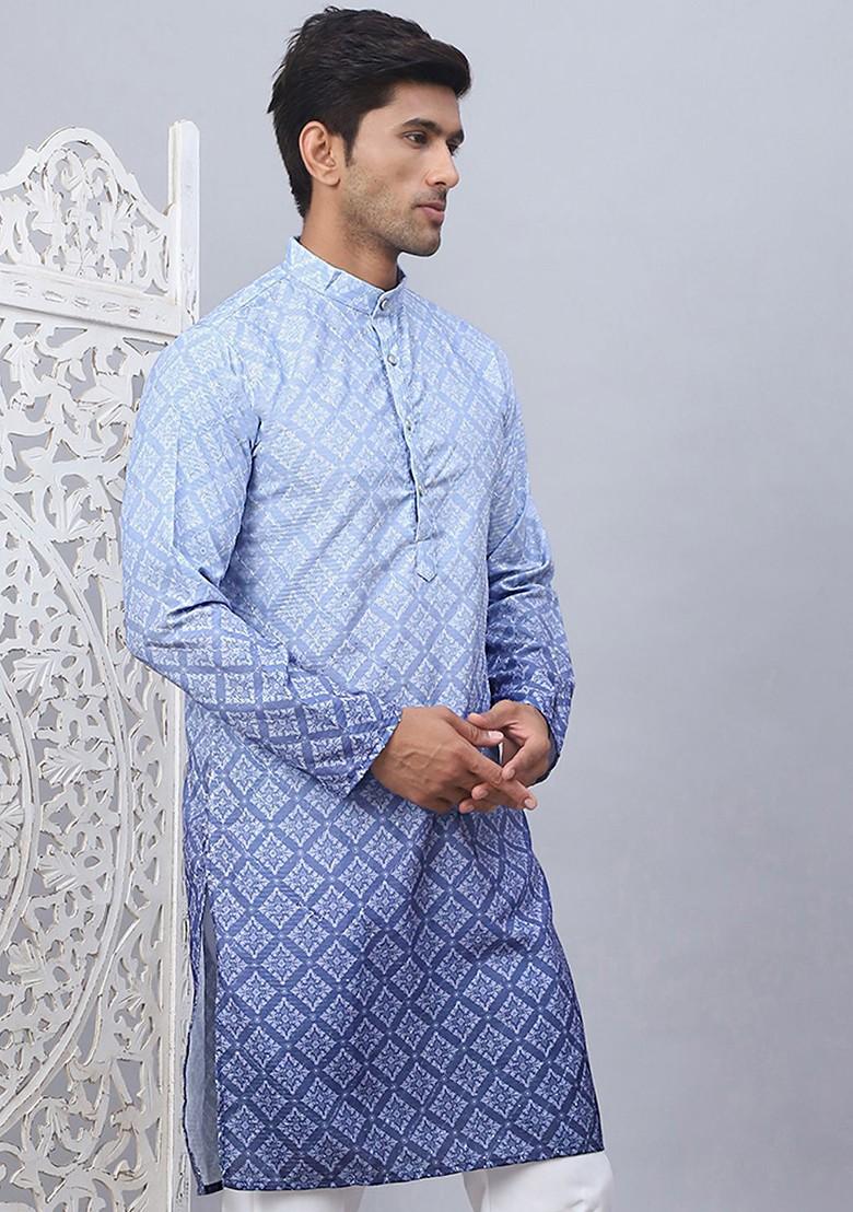 Blue Printed Poly Blend Kurta For Men