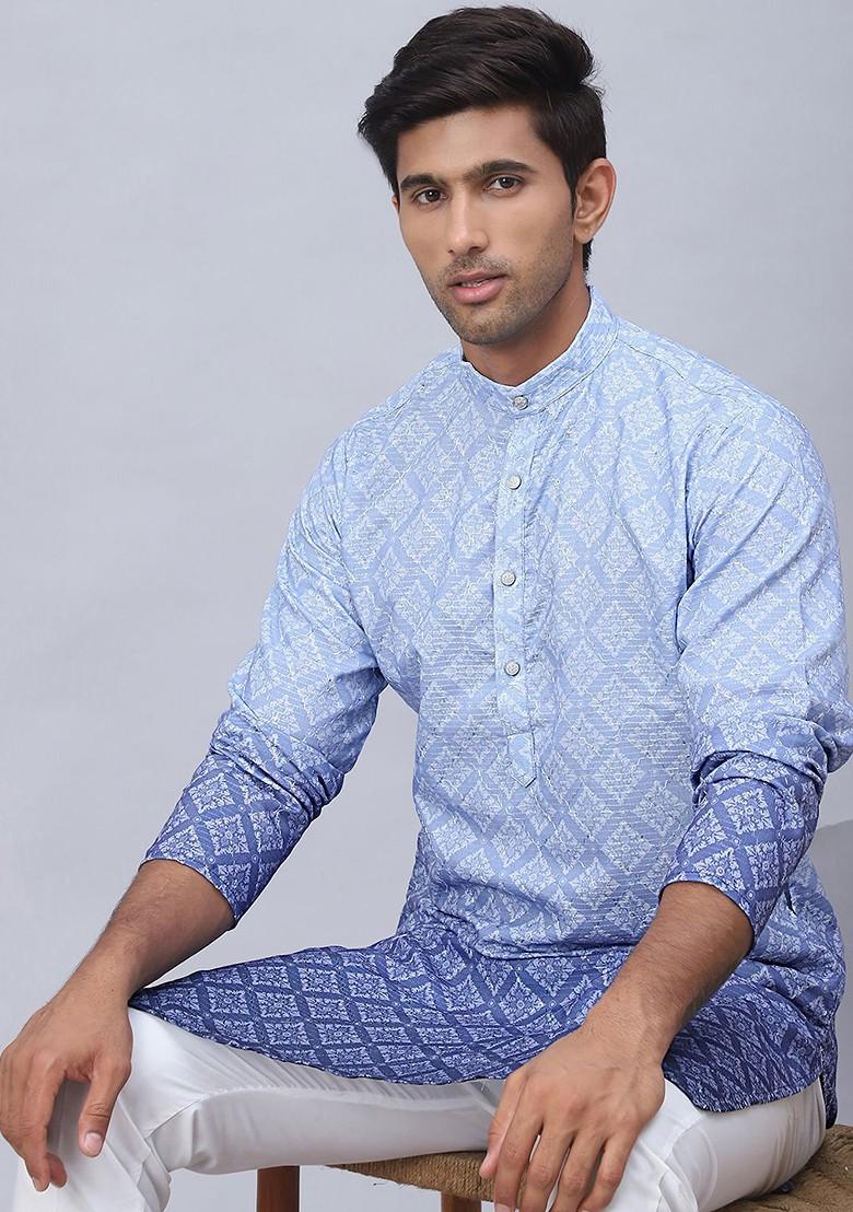 Blue Printed Poly Blend Kurta For Men