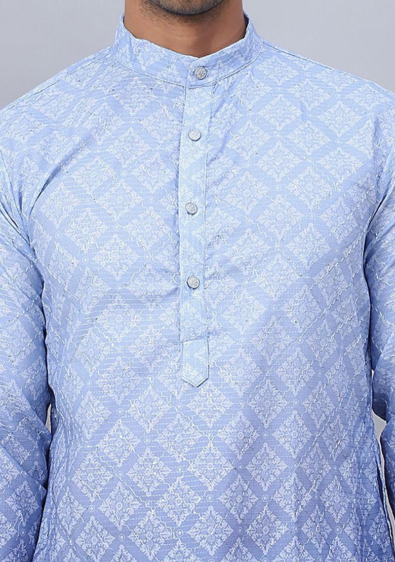 Blue Printed Poly Blend Kurta For Men