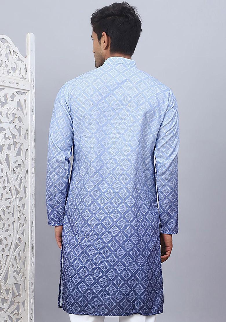 Blue Printed Poly Blend Kurta For Men