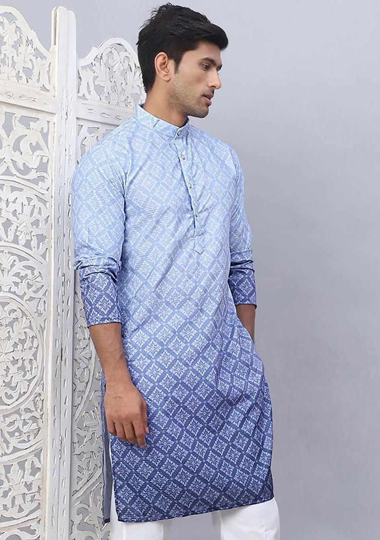 Blue Printed Poly Blend Kurta For Men