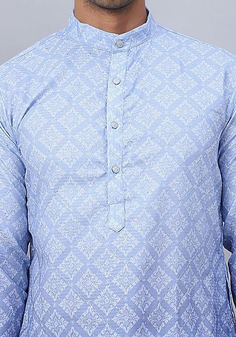 Blue Printed Poly Blend Kurta For Men