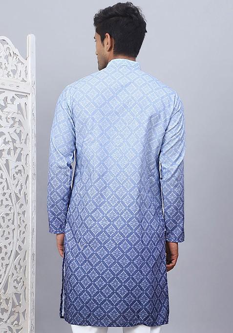 Blue Printed Poly Blend Kurta For Men