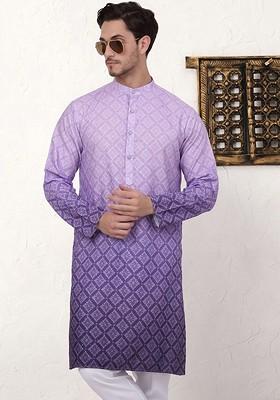 Purple Printed Poly Blend Kurta For Men