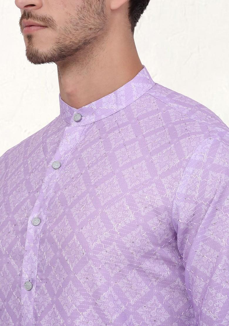 Purple Printed Poly Blend Kurta For Men