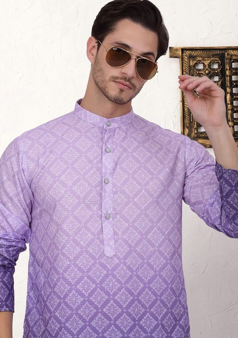 Purple Printed Poly Blend Kurta For Men