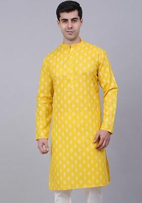 Yellow Printed Poly Blend Kurta For Men