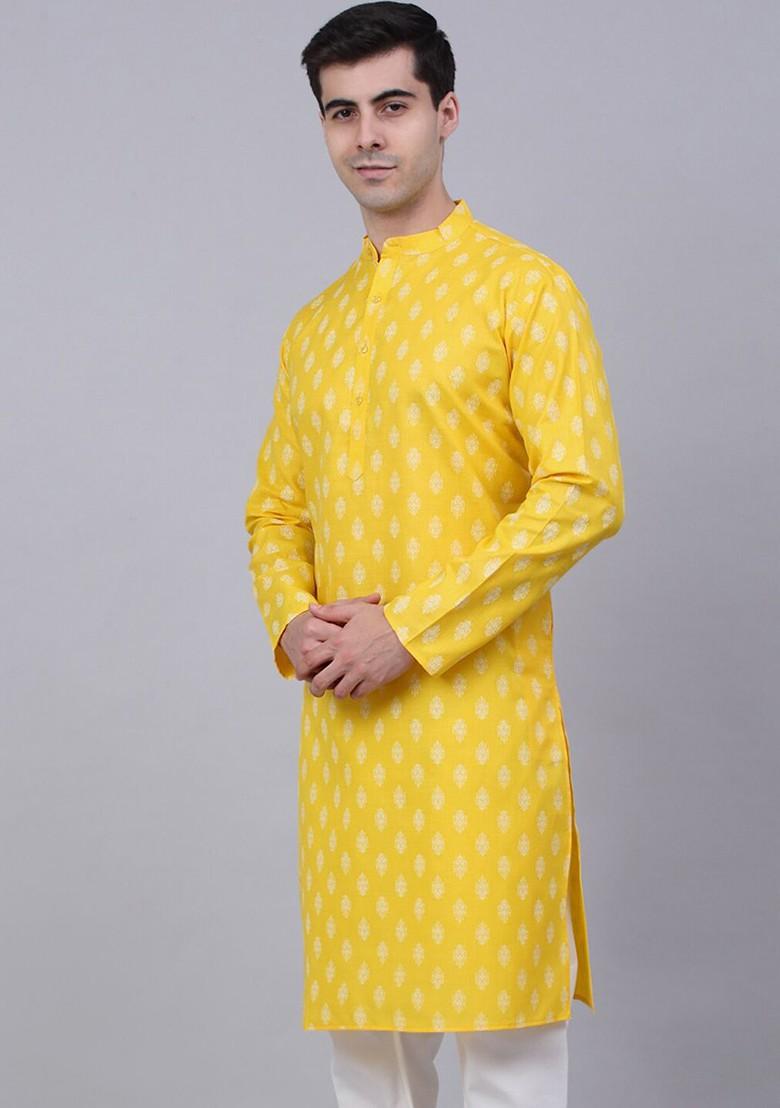 Yellow Printed Poly Blend Kurta For Men