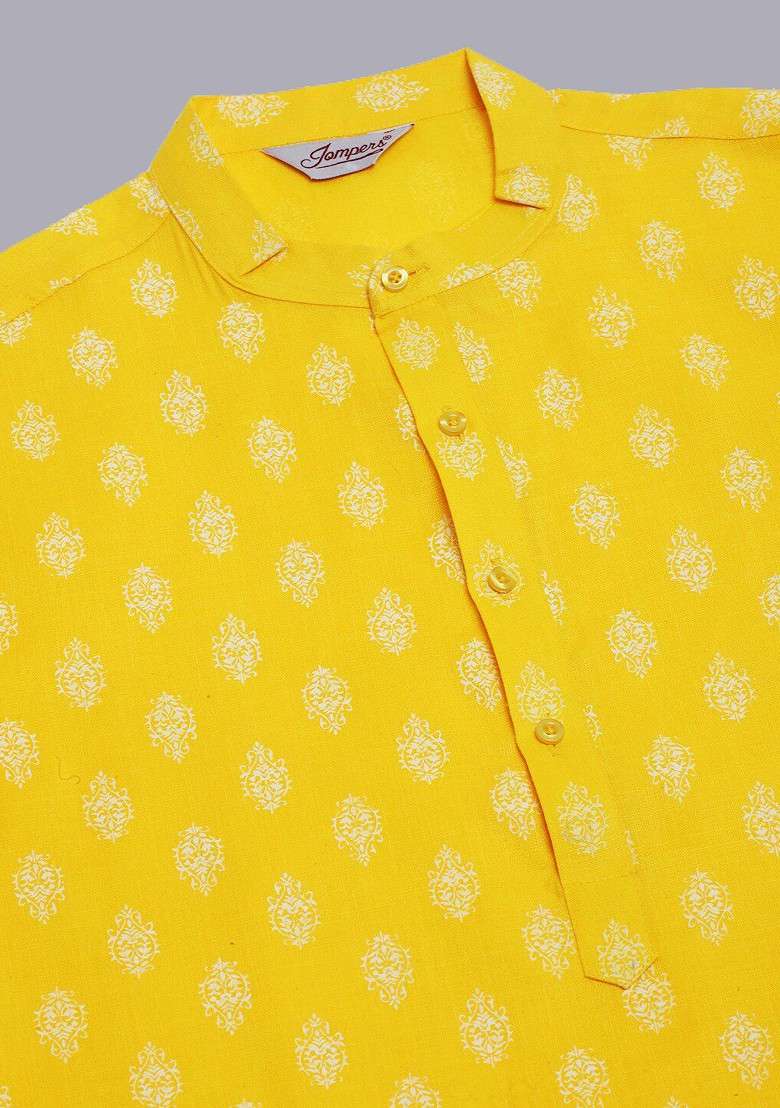 Yellow Printed Poly Blend Kurta For Men - Indya