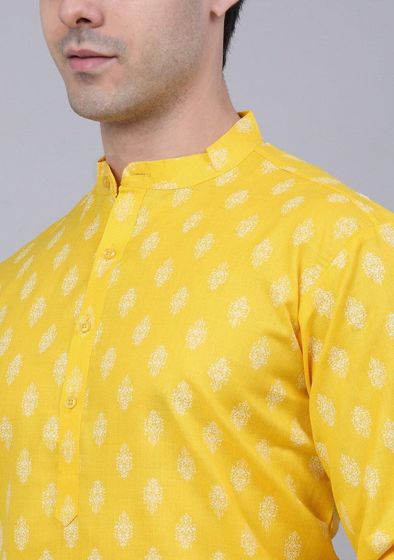 Yellow Printed Poly Blend Kurta For Men